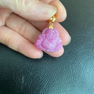 14K Solid Real Gold Laughing Male Buddha Natural Ruby Carved Pendant - Kid Size